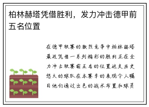 柏林赫塔凭借胜利，发力冲击德甲前五名位置