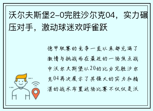 沃尔夫斯堡2-0完胜沙尔克04，实力碾压对手，激动球迷欢呼雀跃