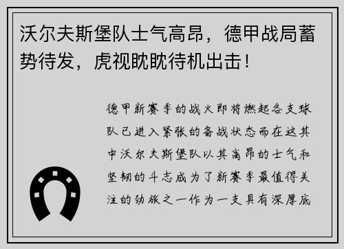 沃尔夫斯堡队士气高昂，德甲战局蓄势待发，虎视眈眈待机出击！